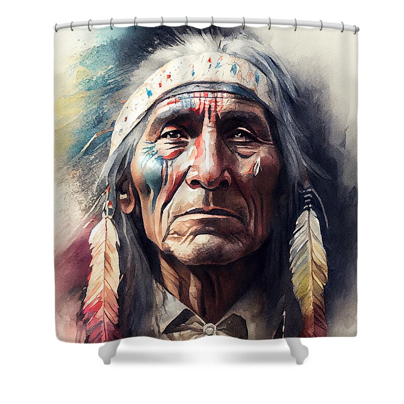 Native American India Shower Curtain featuring the digital art Native American Indian Illustration Series 113022-b by Carlos Diaz