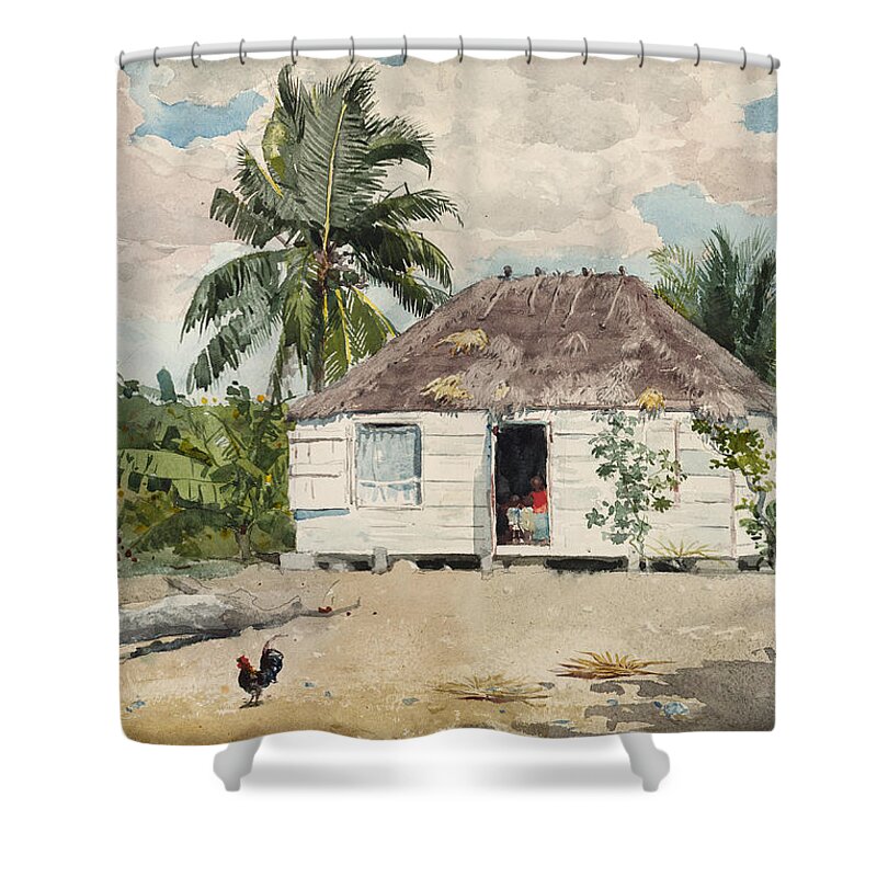 Winslow Homer Shower Curtain featuring the drawing Native hut at Nassau by Winslow Homer