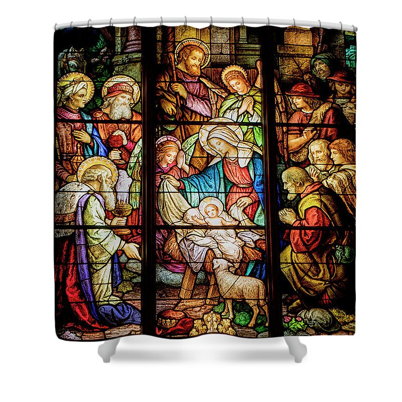 Baby Shower Curtain featuring the photograph Nativity Stained Glass by Teresa Wilson
