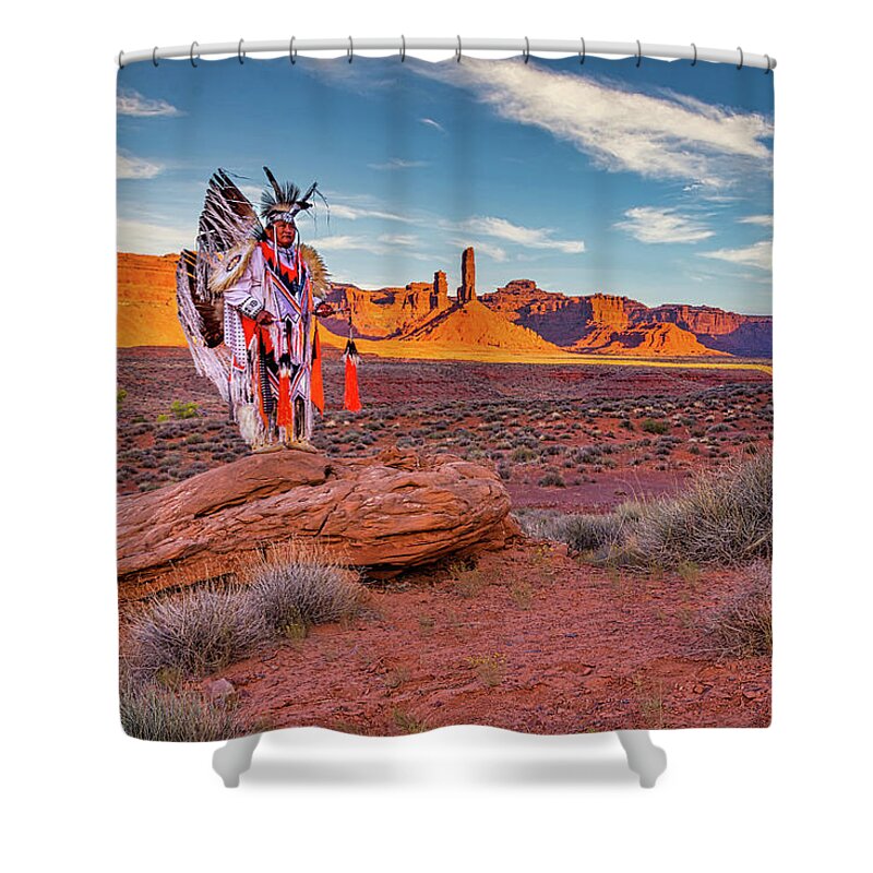 Southwest Shower Curtain featuring the photograph Navajo Fancy Dancer at Valley Of The Gods - 1 by Dan Norris