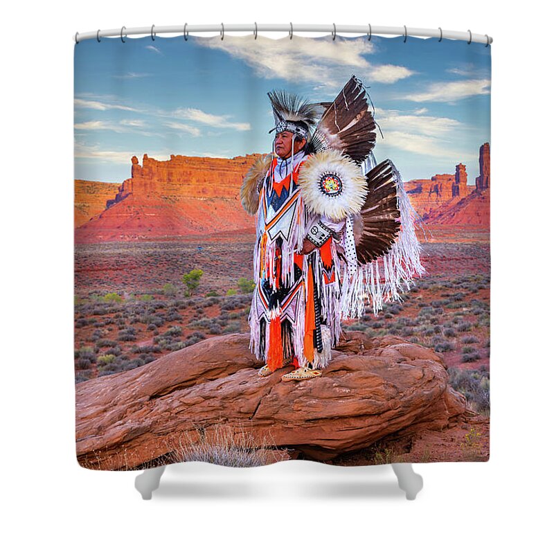 Southwest Shower Curtain featuring the photograph Navajo Fancy Dancer at Valley Of The Gods - 2 by Dan Norris