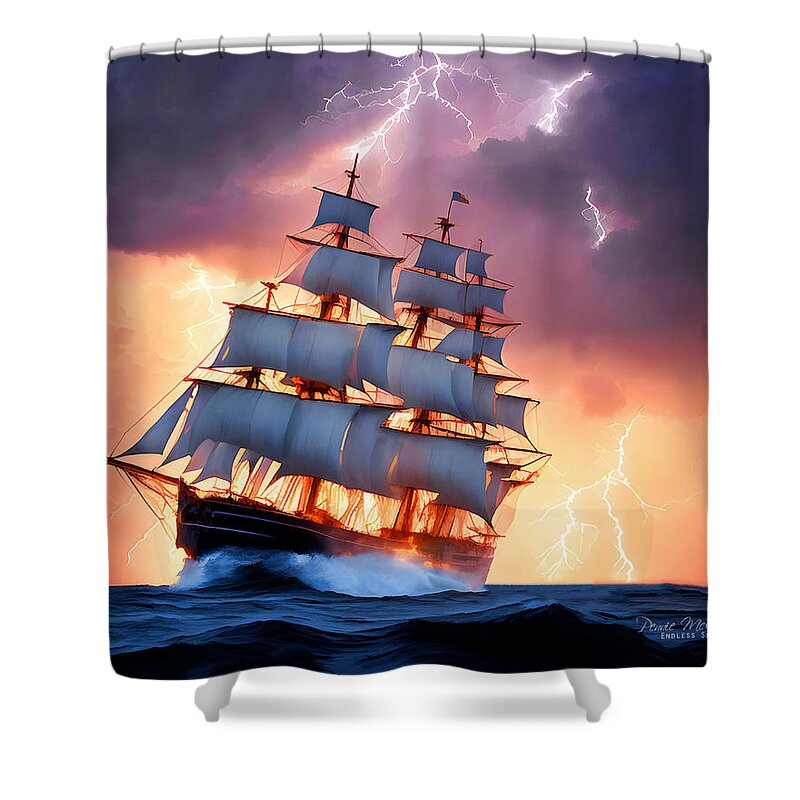 Ship Shower Curtain featuring the mixed media Navigating the Storm by Pennie McCracken
