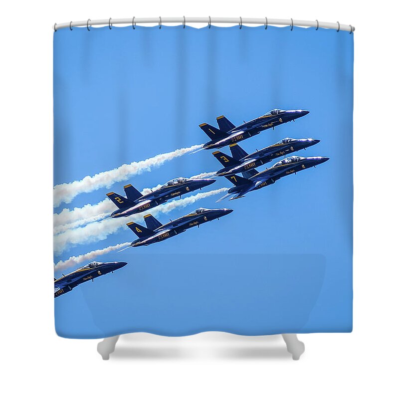 Dallas Air Show Shower Curtain featuring the photograph Navy Blue Angels by Robert Bellomy
