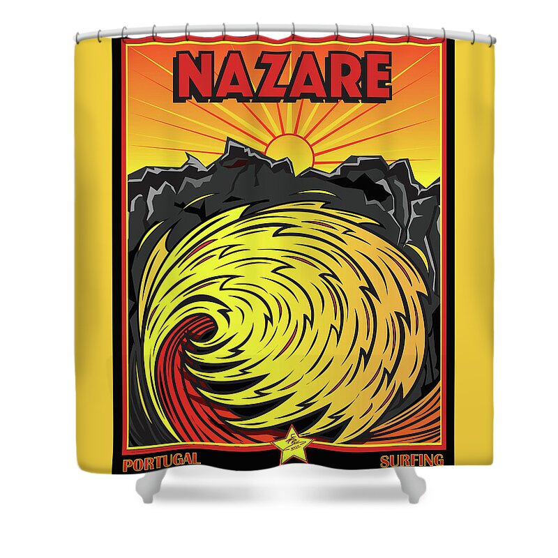 Surfing Shower Curtain featuring the digital art Nazare Portugal Big Wave Surfing by Larry Butterworth
