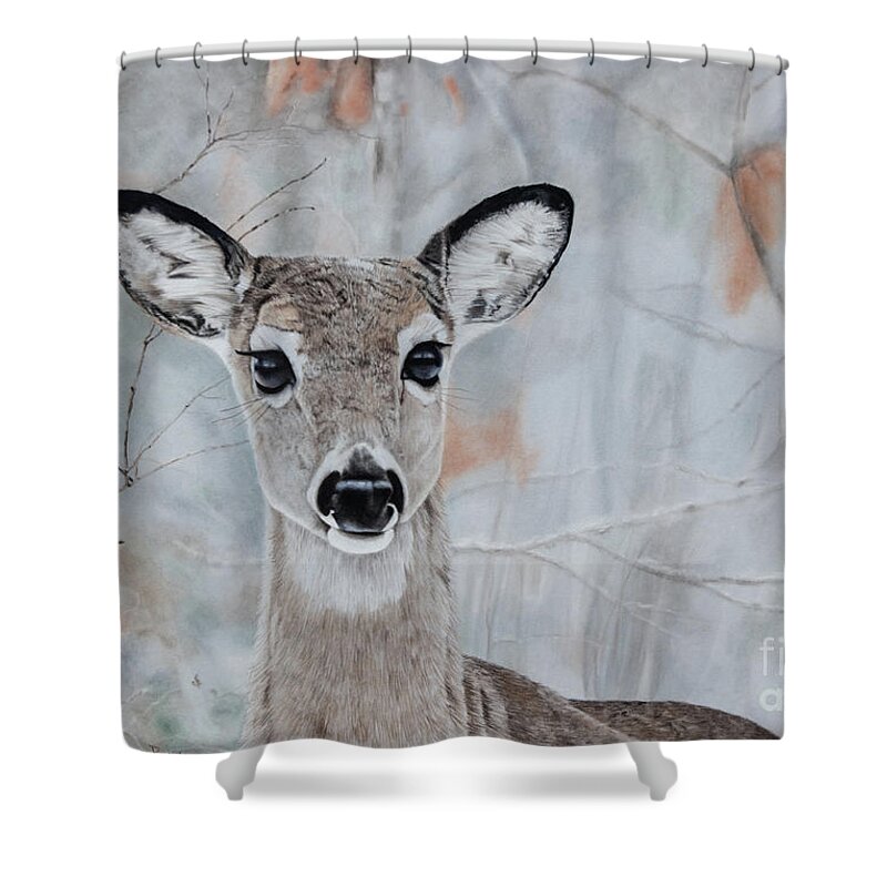 Deer Shower Curtain featuring the pastel Need a Little Doe by Joni Beinborn