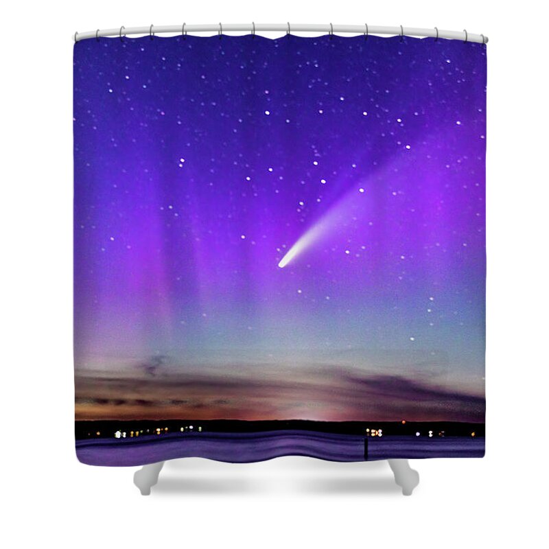 Neowise Comet Shower Curtain featuring the photograph NEOWISE COMET with a splash of Northern Lights by Joe Holley