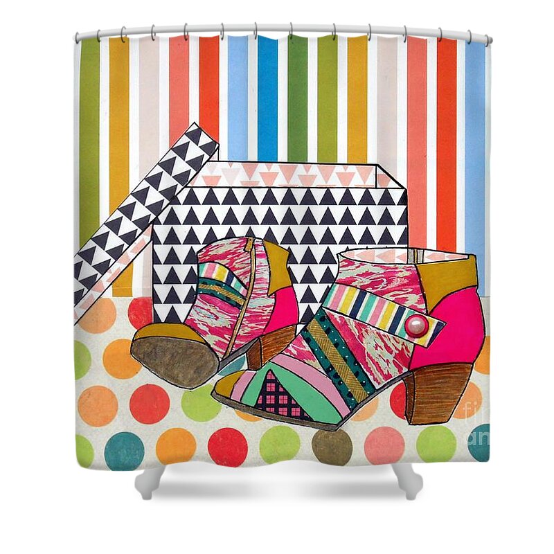Boots Shower Curtain featuring the mixed media New Boots by Jayne Somogy
