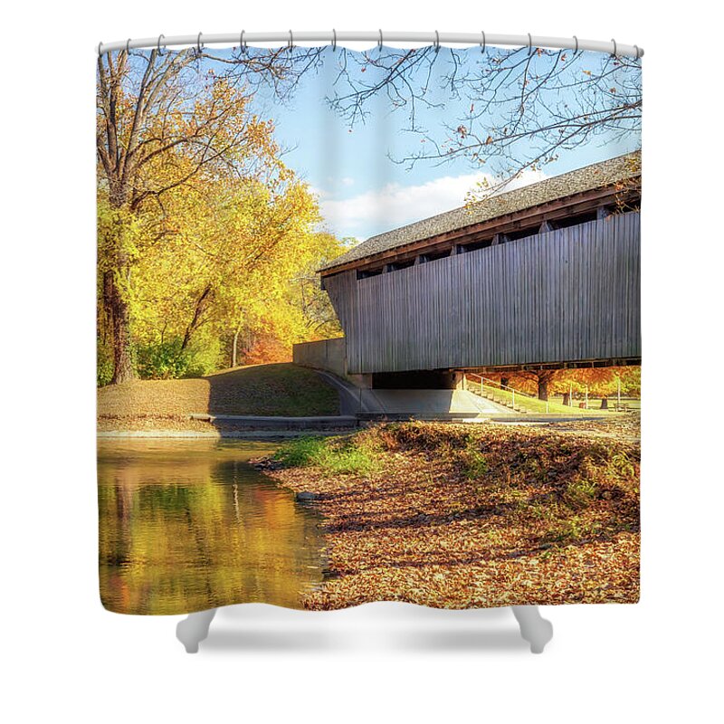 New Brownsville Covered Bridge Shower Curtain featuring the photograph New Brownsville Covered Bridge - Columbus, Indiana by Susan Rissi Tregoning