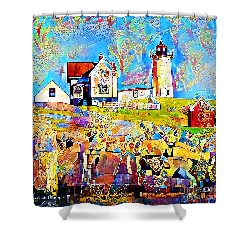 Wingsdomain Shower Curtain featuring the photograph New England Lighthouse in Contemporary Vibrant Color Motif 20200428 square by Wingsdomain Art and Photography