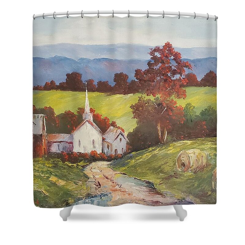Autumn Shower Curtain featuring the painting New England Splendor by ML McCormick