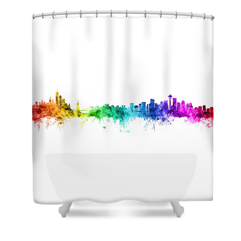 New York Shower Curtain featuring the digital art New York and Seattle Rainbow Skyline Mashup by Michael Tompsett
