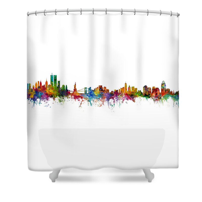 Cincinnati Shower Curtain featuring the digital art New York City Twin Towers and Cincinnati Skyline Mashup by Michael Tompsett