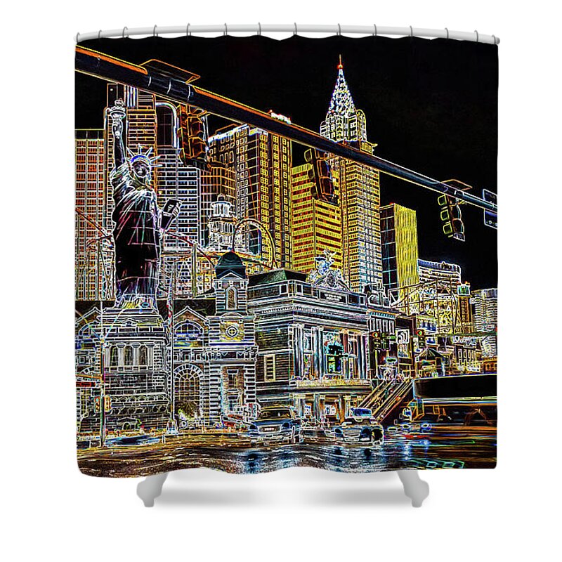 America Shower Curtain featuring the digital art New york hotel on the Las Vegas strip by Jean-Luc Farges