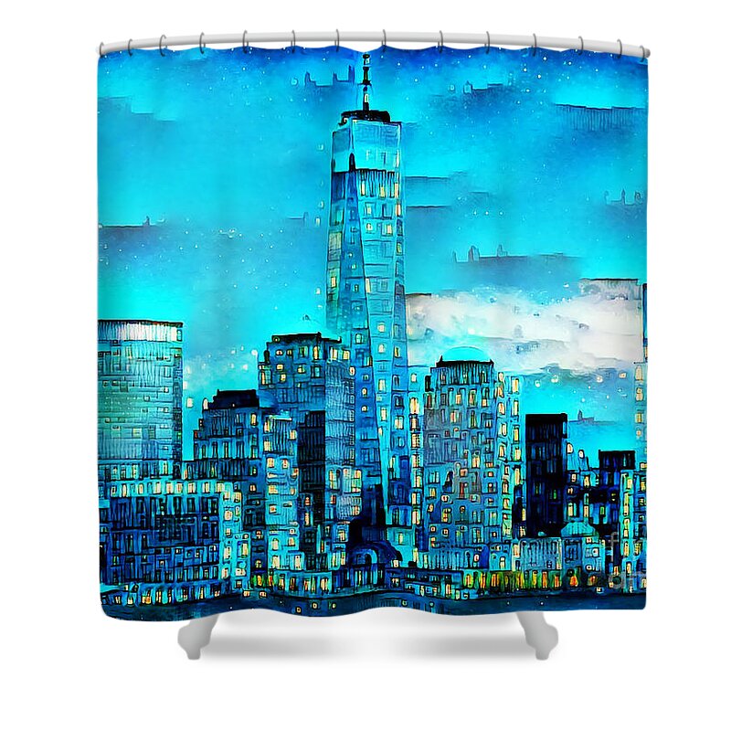 Wingsdomain Shower Curtain featuring the photograph New York Lower Manhattan One World Trade Center City Light Blues 20200804 by Wingsdomain Art and Photography