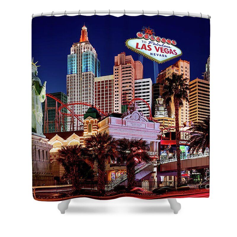 Post Card Shower Curtain featuring the photograph New York New York Casino at Dusk Post Card by Aloha Art