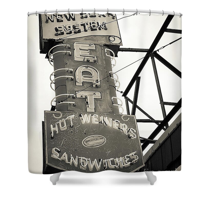 Neon Shower Curtain featuring the photograph New York System Hot Weiners Neon by Edward Fielding