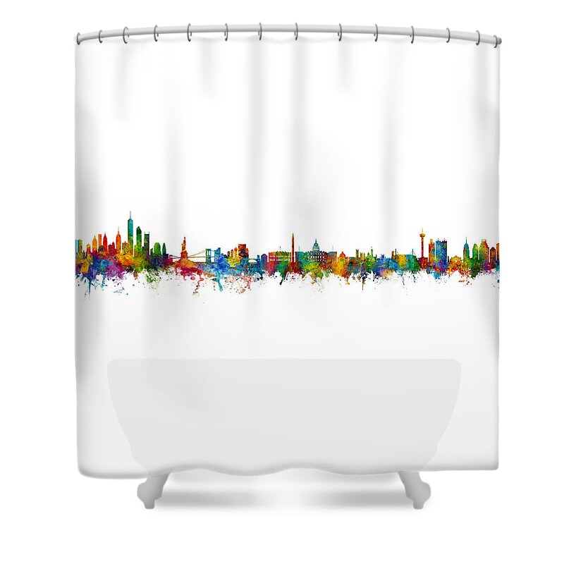 San Antonio Shower Curtain featuring the digital art New York, Washington DC and San Antonio Skylines Mashup by Michael Tompsett