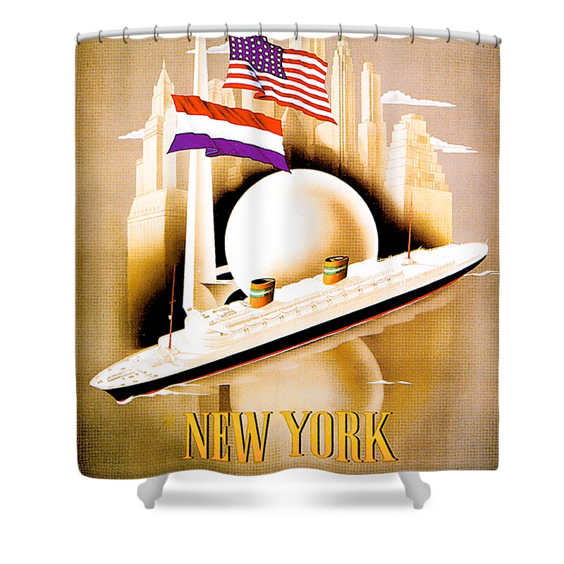 New York Shower Curtain featuring the painting New York Wereldtentoonstelling excursies per Holland Amerika Lijn Poster 1938 by Unknown