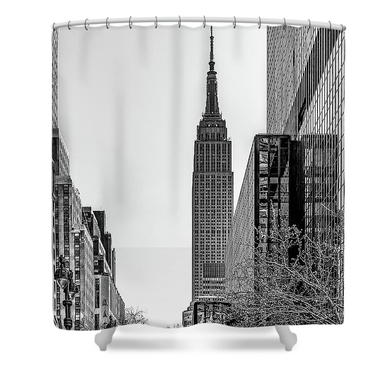New York City Shower Curtain featuring the photograph New York's Iconic Empire State Building, Black and White by Marcy Wielfaert