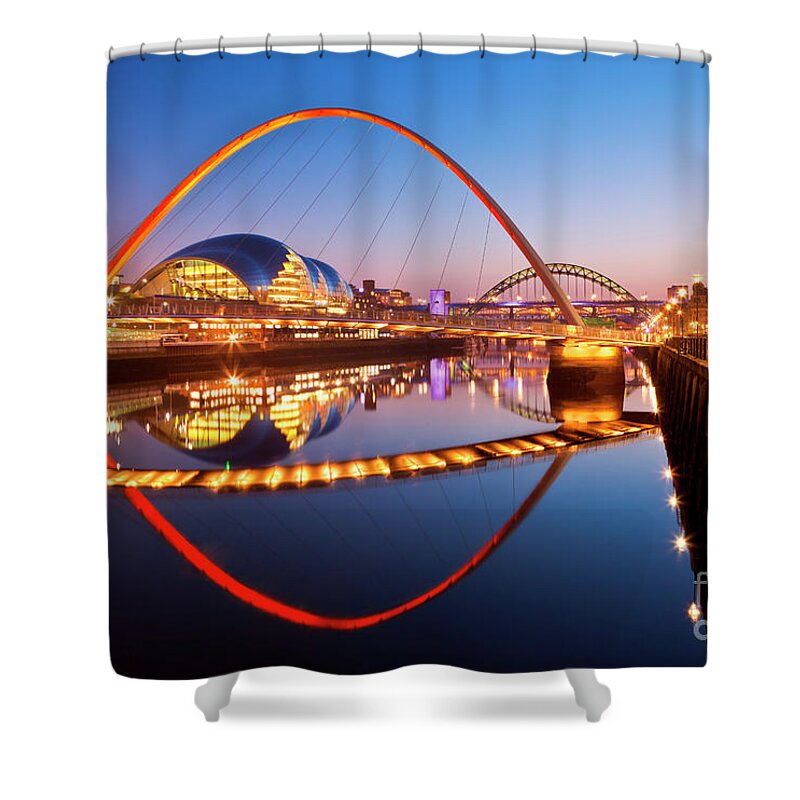 Gateshead Millennium Bridge Shower Curtain featuring the photograph Newcastle upon Tyne skyline and Millennium bridge, England by Neale And Judith Clark