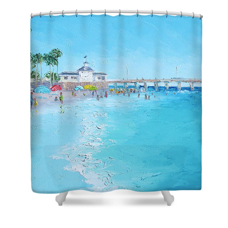 Newport Beach Ca Shower Curtain featuring the painting Newport Beach and Balboa Pier by Jan Matson