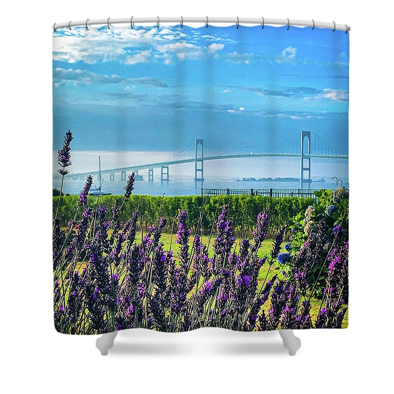 Jamestown Shower Curtain featuring the photograph Newport Bridge through lavender by Jim Feldman