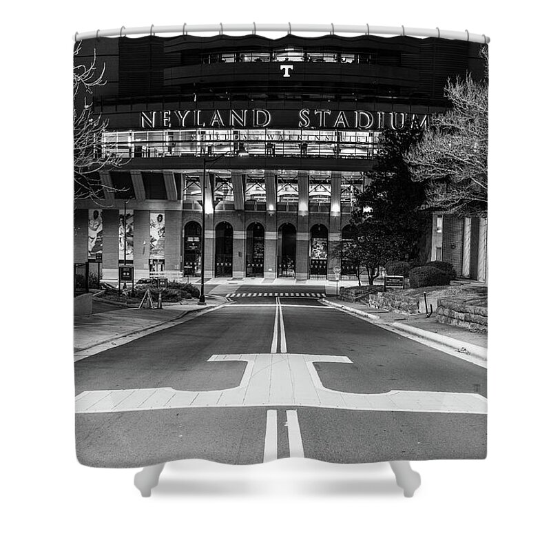 University Of Tennessee At Night Shower Curtain featuring the photograph Neyland Stadium at the University of Tennessee at night in black and white by Eldon McGraw