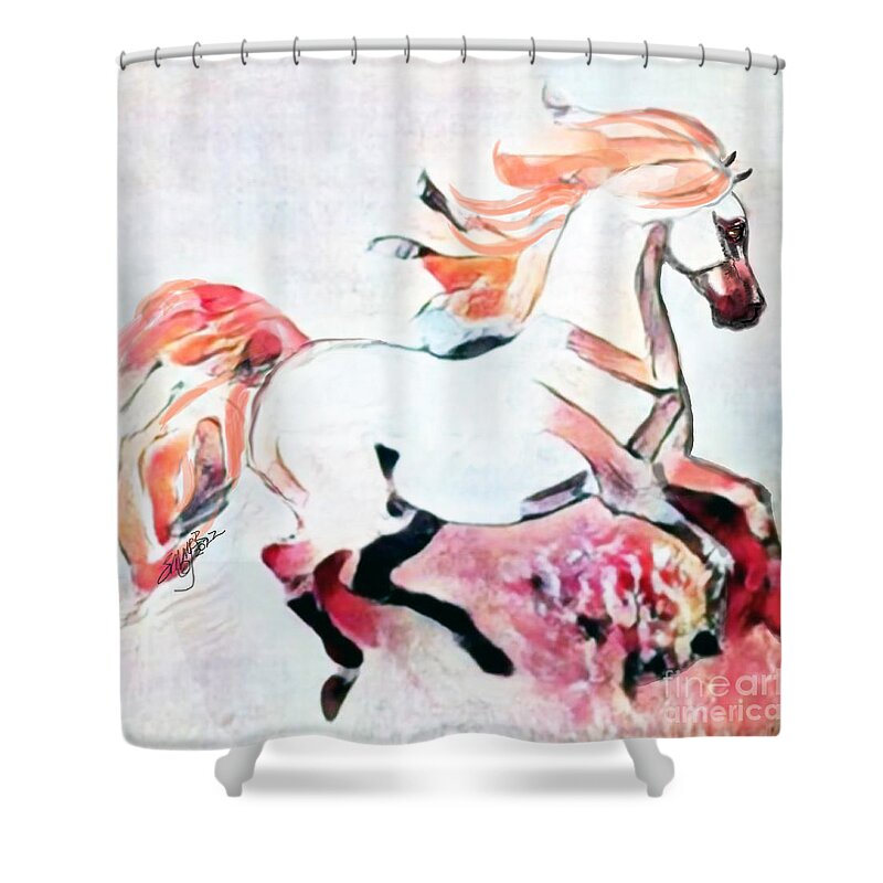Equestrian Art Shower Curtain featuring the digital art NFT Cantering Horse 004 by Stacey Mayer by Stacey Mayer