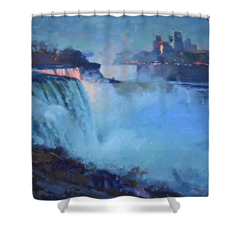 Niagara Falls Shower Curtain featuring the painting Niagara Falls Nocturne by Ylli Haruni