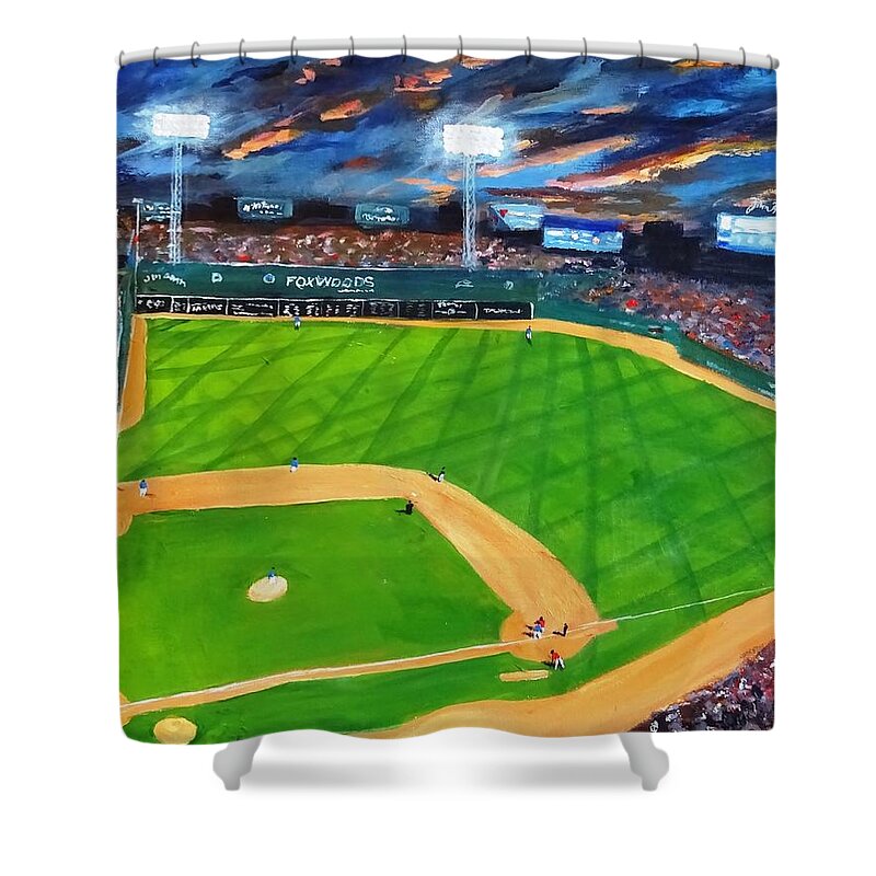 Baseball Shower Curtain featuring the painting Night Game Fenway Park by Brent Arlitt