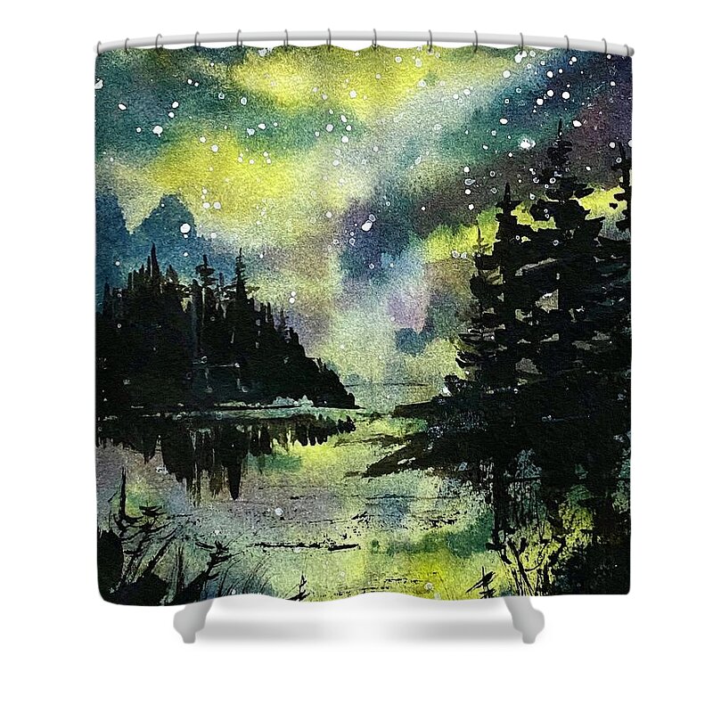 Night Sky Shower Curtain featuring the painting Night Skies over Acadia by Kellie Chasse