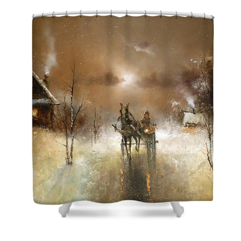 Russian Artists New Wave Shower Curtain featuring the painting Night Thaw in Winter Village by Igor Medvedev
