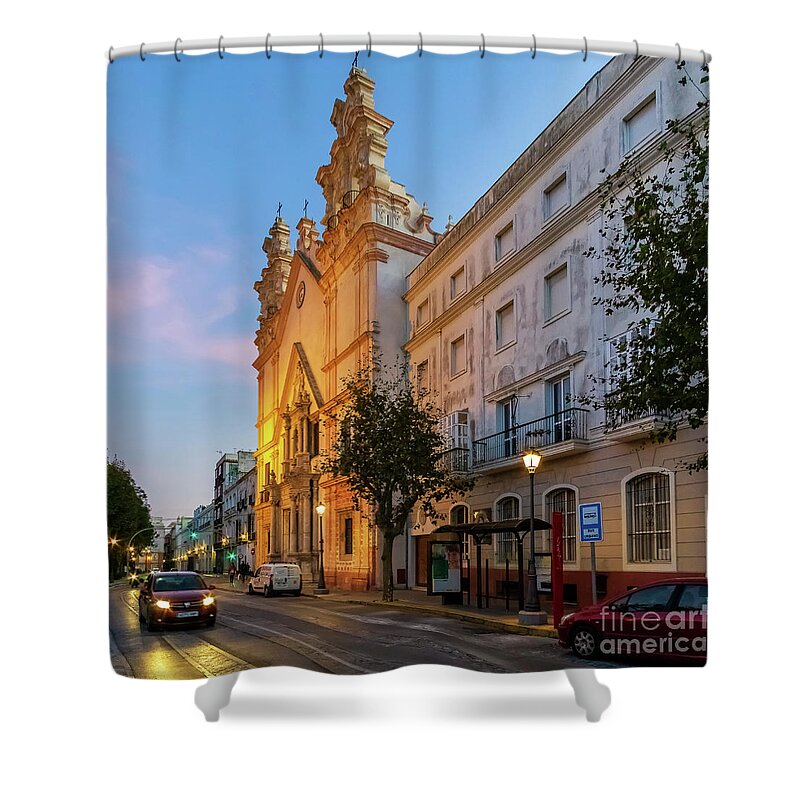 Catholicism Shower Curtain featuring the photograph Night View of del Carmen Church in Alameda Apodaca Cadiz Andalusia by Pablo Avanzini