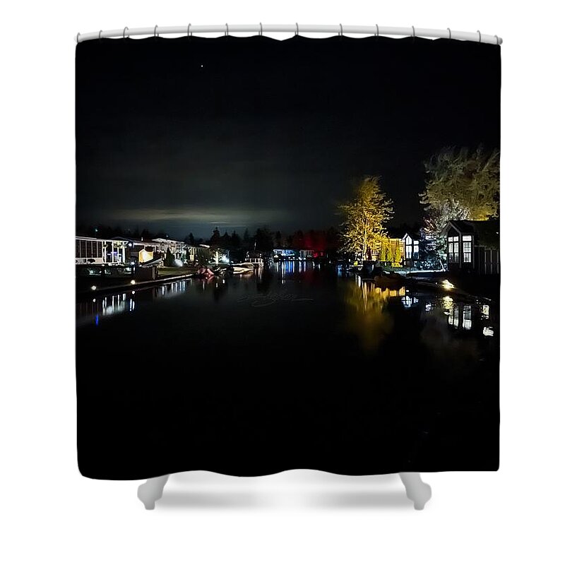 Lake Shower Curtain featuring the digital art Nighttime Waterside Living by Shehan Wicks