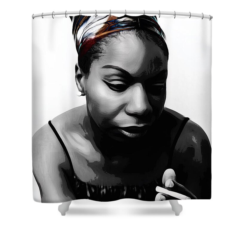 Abstract Shower Curtain featuring the mixed media Nina Simone by Canessa Thomas