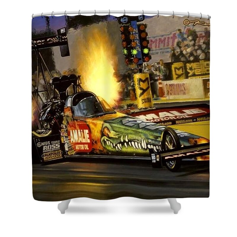 Nhra Funny Car Top Fuel Kenny Youngblood John Force Terry Mcmillan Nitro Drag Racing Shower Curtain featuring the painting Nitro Gator by Kenny Youngblood