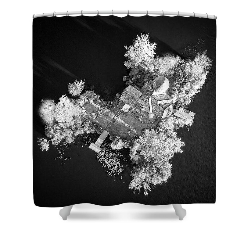 Saint Hubert's Chapel Shower Curtain featuring the photograph NJ Chapel Top Down View BW by Susan Candelario