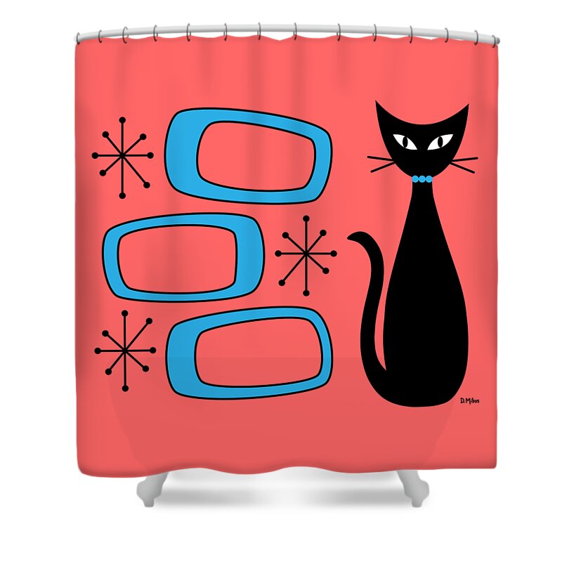Mid Century Modern Shower Curtain featuring the digital art No Background Cat with Oblongs Blue by Donna Mibus