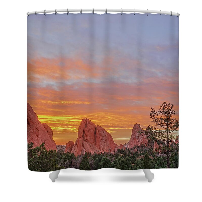 Garden Of The Gods Shower Curtain featuring the photograph No Door Is Too Difficult For The Key Of Love To Open. Sunrise In Garden Of The Gods, Colorado  by Bijan Pirnia