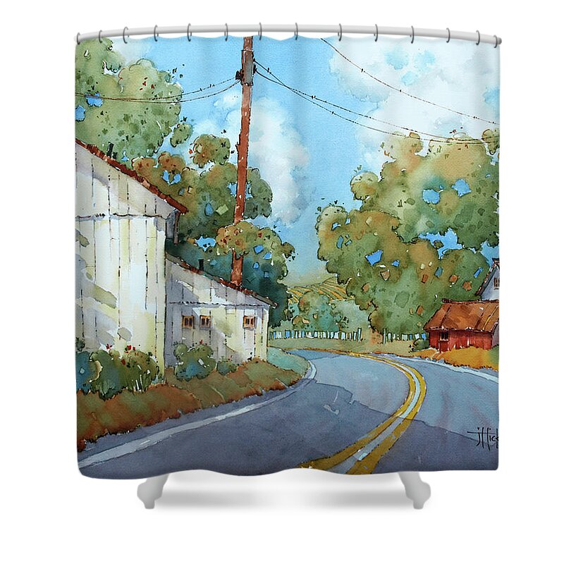 Country Shower Curtain featuring the painting No Passing Zone by Joyce Hicks