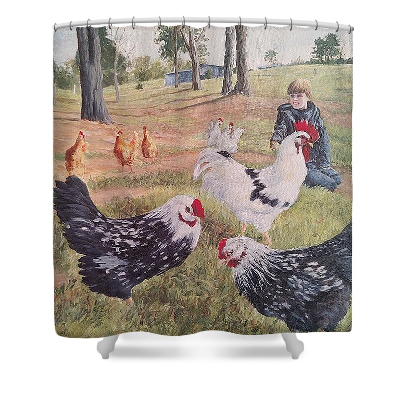 Landscape Shower Curtain featuring the painting Noah and his Chickens by ML McCormick