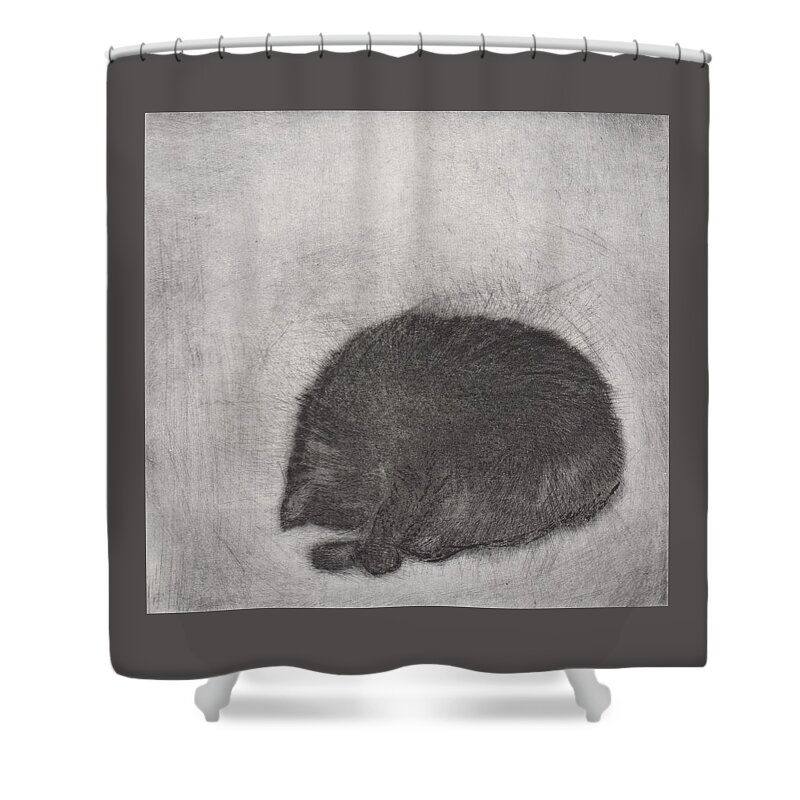 Cat Shower Curtain featuring the drawing Nonchaloir - etching by David Ladmore