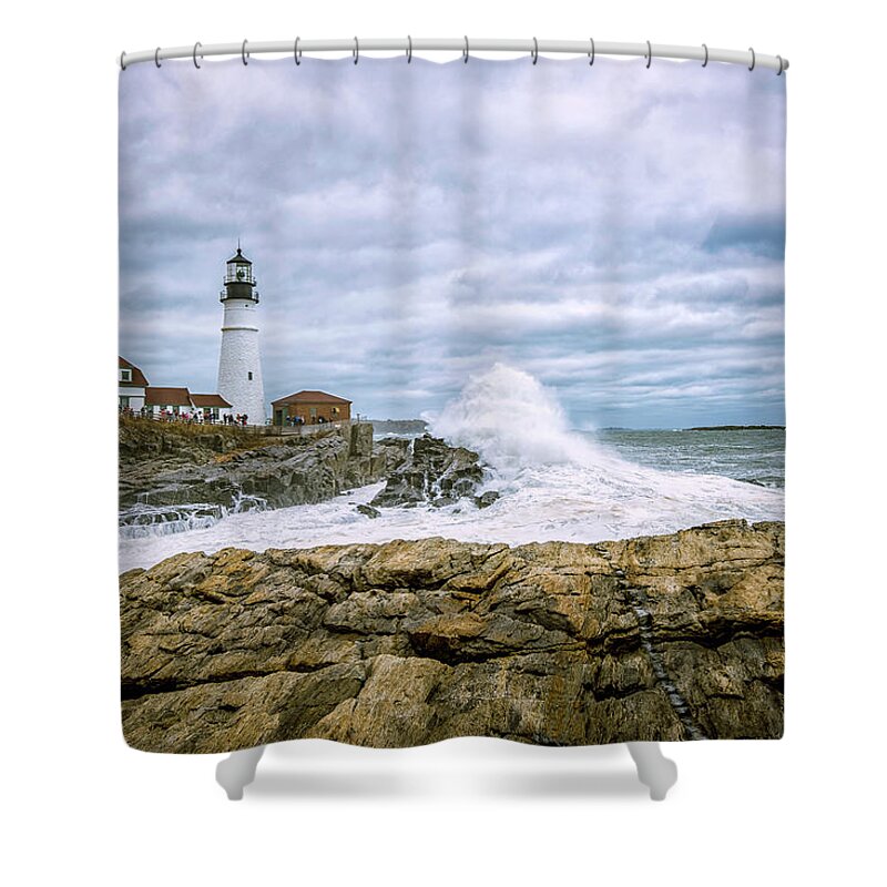 Big Surf Shower Curtain featuring the photograph Nor'easter, Portland Head Light. by Jeff Sinon