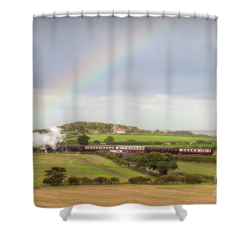 Weybourne Shower Curtain featuring the photograph Norfolk steam train with Weybourne windmill and rainbow by Simon Bratt