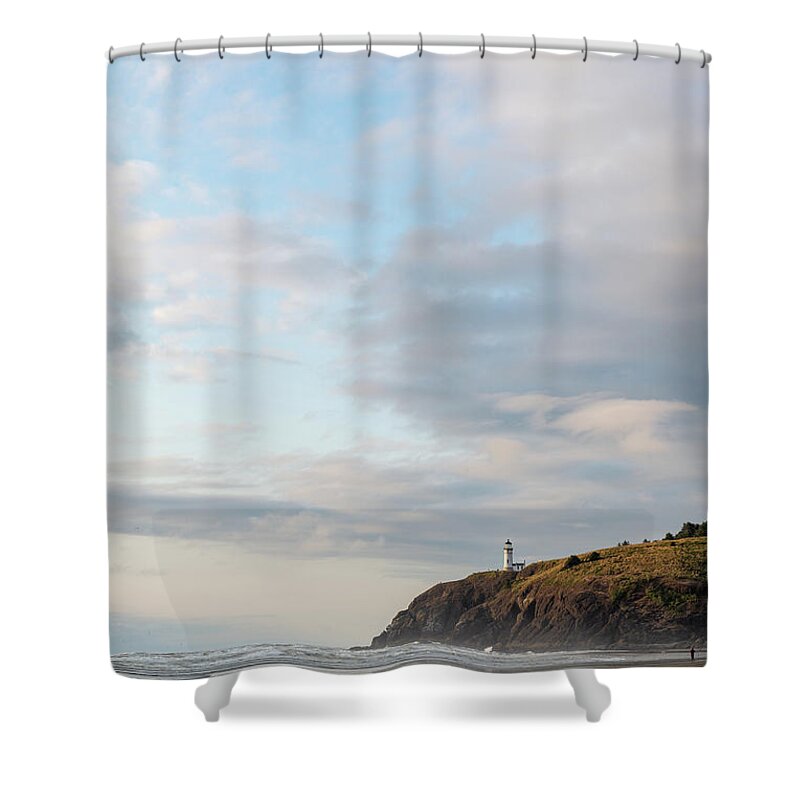 Outdoor; Nature; Beach; Light House; Benson Beach; Sunset; Clouds; Pacific; Pacific North West; Cape Disappointment State Park Shower Curtain featuring the digital art North lighthouse in Cape Disappointment by Michael Lee