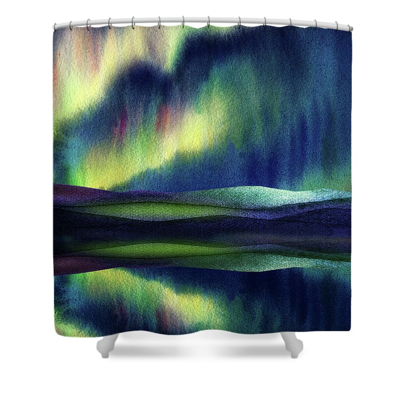 Aurora Borealis Shower Curtain featuring the painting Northern Lake With Aurora Borealis Reflections Painting I by Irina Sztukowski