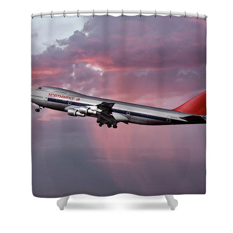 Northwest Orient Airlines Shower Curtain featuring the mixed media Northwest Boeing 747 at Sunset by Erik Simonsen