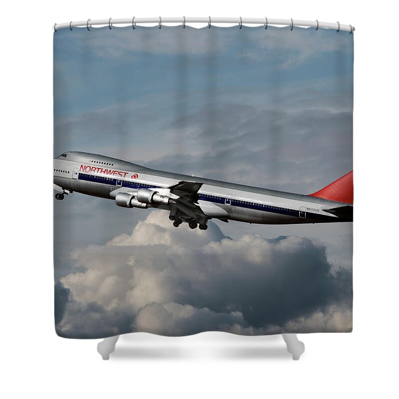 Northwest Orient Airlines Shower Curtain featuring the photograph Northwest Orient Airlines Boeing 747 by Erik Simonsen