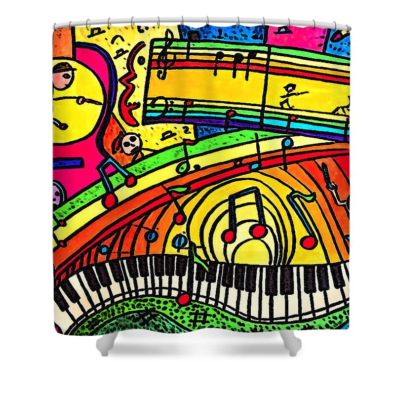 Music Shower Curtain featuring the painting Note Wars by Monica Engeler
