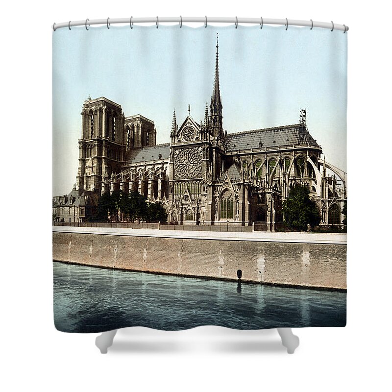 Notre Dame De Paris Shower Curtain featuring the photograph Notre Dame Cathedral - Circa 1900 Photochrom by War Is Hell Store